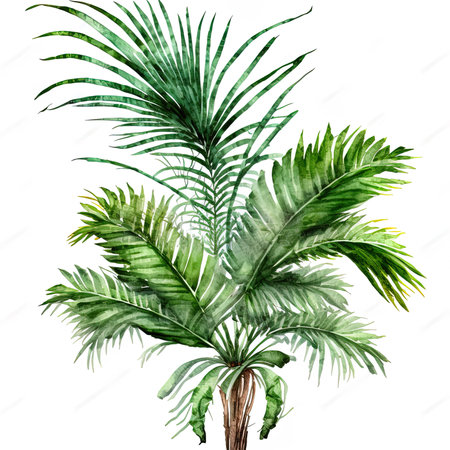 Palm tree and leaves on isolated white background, watercolor botanical illustration.の素材