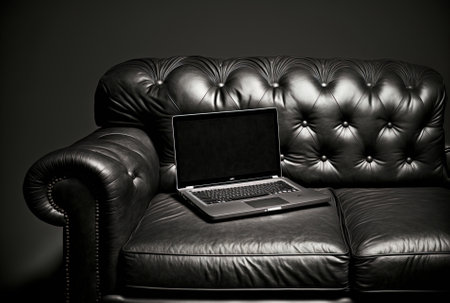 On a black leather sofa, a laptopの素材