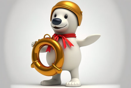 Mascot figure with a life buoy holding a golden prize on a white backdrop.の素材