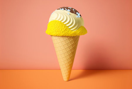 On a yellow backdrop, a soccer or football is shown within an ice cream cone.の素材