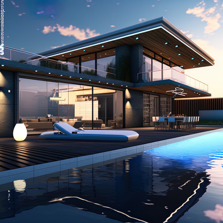 Realistic 3D rendering of a very modern upscale house with swimming poolの素材