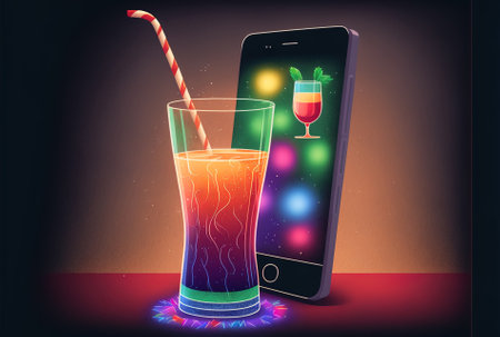 Smartphone next to a drink glass and tinselの素材