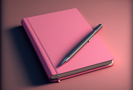 Pink notebook with a pen on the coverの素材