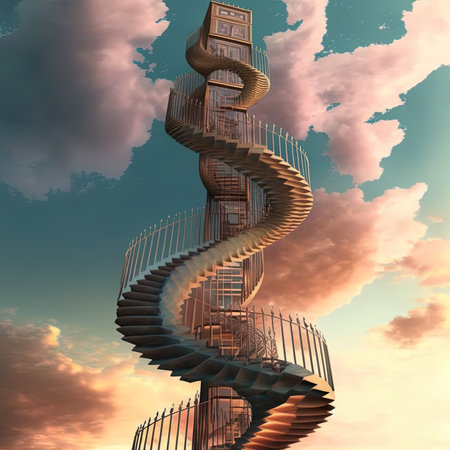 Spectacular stair rises into the sky, 3D illustration.の素材