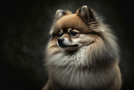 Pomeranian dog in portrait bending head to the side. solitary on a gloomy backdropの素材