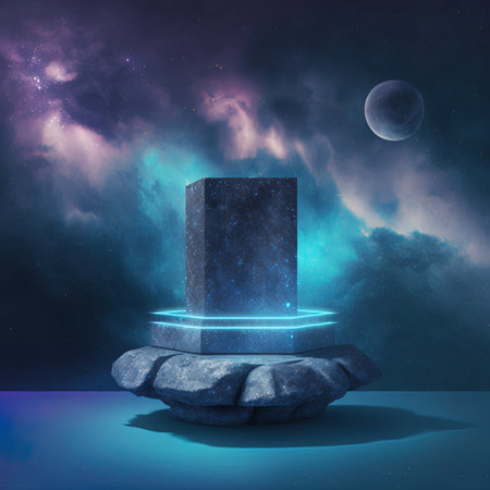 Stone podium backdrop for product display with abstract galaxy night scene. 3d rendering.の素材