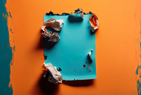Ripped blue paper with an orange backdrop and writing spaceの素材