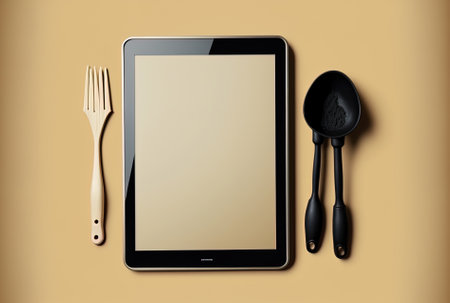 utensil, spatula, ladle, and smart tablet with a black screen on a beige backdropの素材