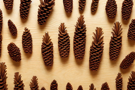 Pine cones on wooden backgroundの素材