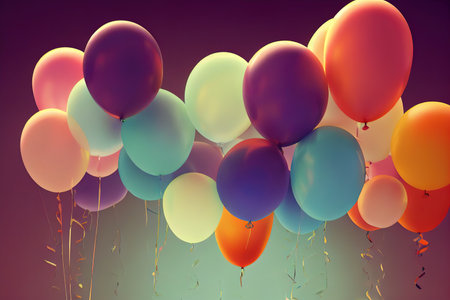 Pastel balloons on white background. 3d rendering, Birthday party background, Copy space.の素材