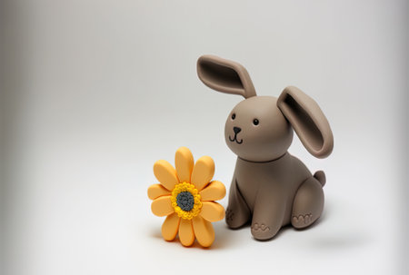 Plasticine bunny toy with a flower against a white backdropの素材