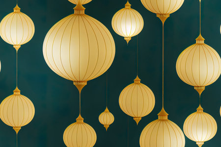 Ramadan Kareem, Islamic Arabic Green Luxury Background with Geometric pattern and Lanternsの素材