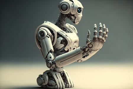 Robotic aide extends hand in salutationの素材