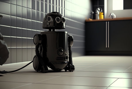 Vacuum cleaner in the kitchen with a black robot on tileの素材