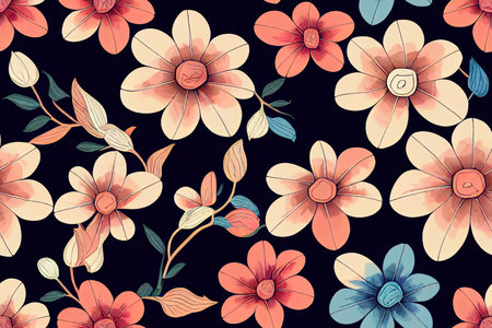 Retro seamless pattern with colorful flowers and black backgroundの素材