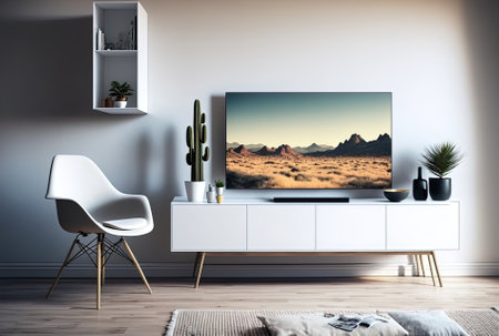 Tv cabinet with basic design on white wall in living room with chairの素材