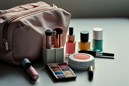 Various cosmetics in a beauty bag on a white tableの素材