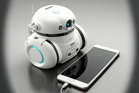 Smartphone home gadgets and a white robot vacuumの素材