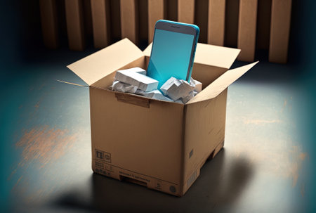 Smartphone next to a crate and clipped papersの素材