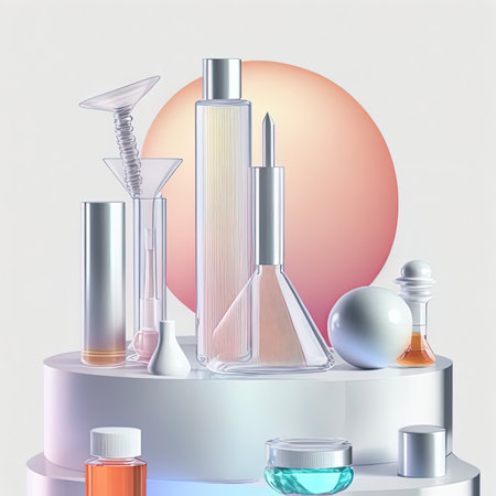 Skincare products and drugs chemical researches on white podium with beaker backgroundの素材