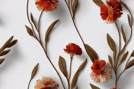 Watercolor floral horizontal pattern, flowers and ears of dried flowers, white seamless wallpaperの素材