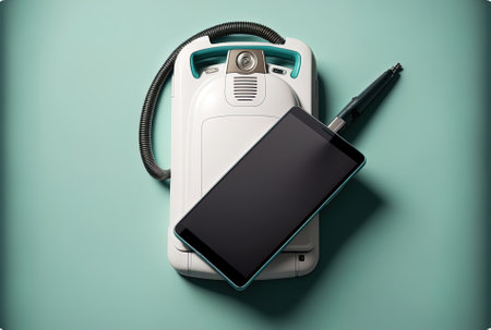 vacuum cleaner in top view with smartphone and clipboardの素材