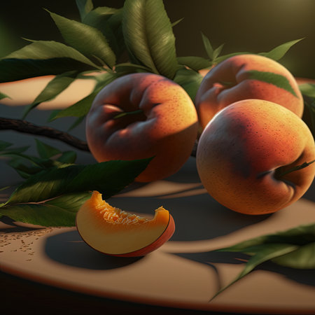 fresh peaches with shadows and leavesの素材