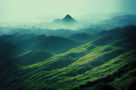 The mountains of Korea have become impressive landscapes due to the blue sky and fog.の素材