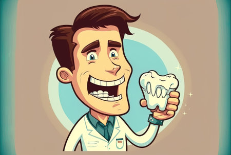 the idea of dental care. The dentist displays a tooth in his palmの素材