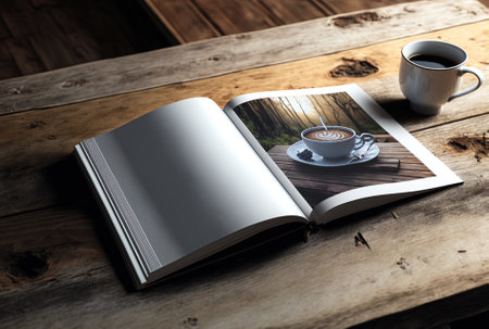 Mockup of a blank book, magazine, and catalog on a wooden background.の素材