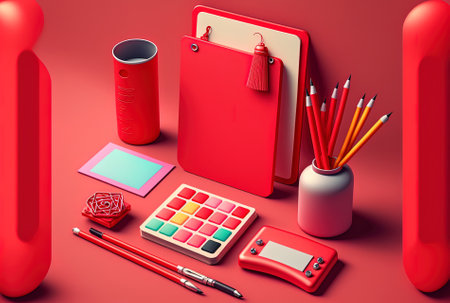Office supplies in red on a colourful backgroundの素材
