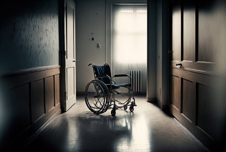 On an empty room, a patient in a wheelchairの素材