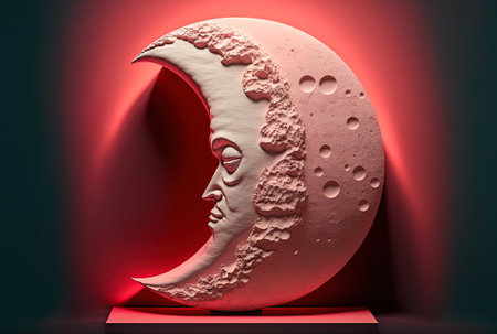 Moon shaped plaster sculpture with a crimson backdropの素材