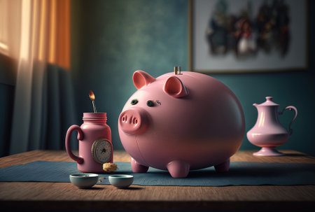 On the table, a pink piggy bankの素材