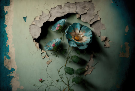 On a concrete wall, flowery wallpaper is coming offの素材