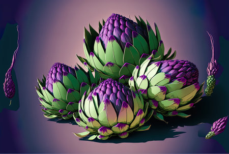 Purple and green artichokes in a groupの素材