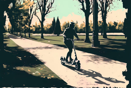 Person riding a scooter in a metropolitan park, moving vaguelyの素材