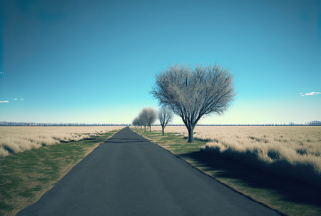 Road in the center of a grassy field, distant trees without leaves, and a clear skyの素材