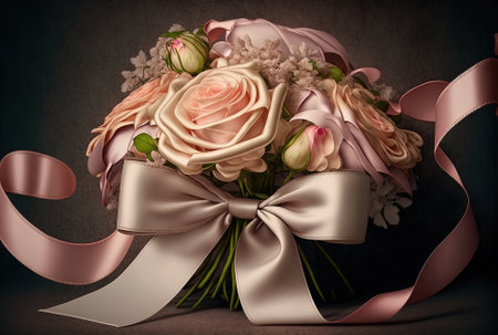 Pink rose bouquet with ribbons and copy spaceの素材