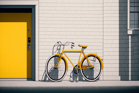 Parking a yellow bicycle in front of a white wallの素材