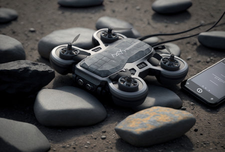 On gray pebbles, a close up image of a high tech drone and its remote control gadgetの素材
