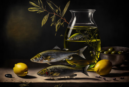 Olives, fish, and oil on a dark surfaceの素材