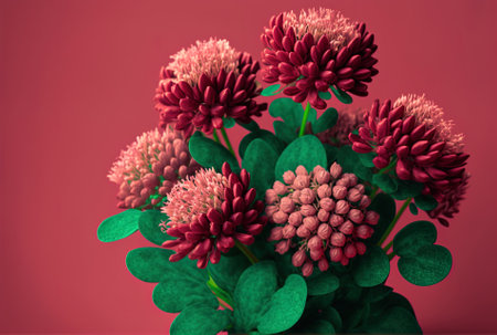 Red clovers in a bouquet, close up, isolated on a pink backdrop, with room for textの素材
