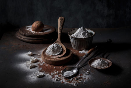 on a dark table with flour, old spoonsの素材