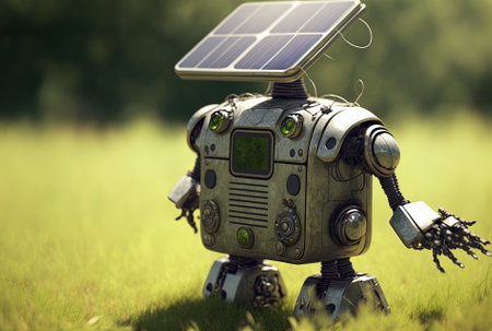 on a grassy gleboe of a robot carrying a solar panelの素材