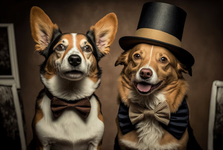 Funny two dogs wearing old bow ties enjoying a birthday or new year.の素材