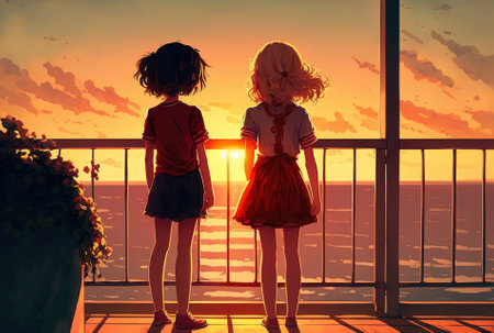 Girls viewing the sunset from a railingの素材
