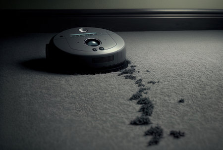 Robot vacuum cleaner cleaning the carpet in the living room at homeの素材