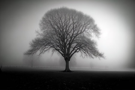 Greyscale photograph of a barren tree in a foggy parkの素材