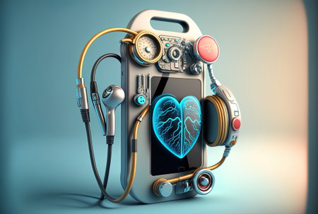 Handheld cyborg gadgets with medical icon and stethoscopeの素材